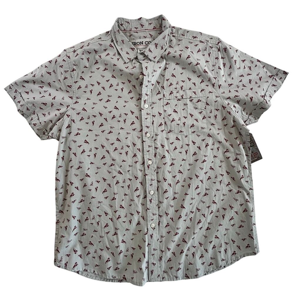 *NEW* Iron Co. Short Sleeve Button Down Lobster  Shirt - Gray / Red - XL
